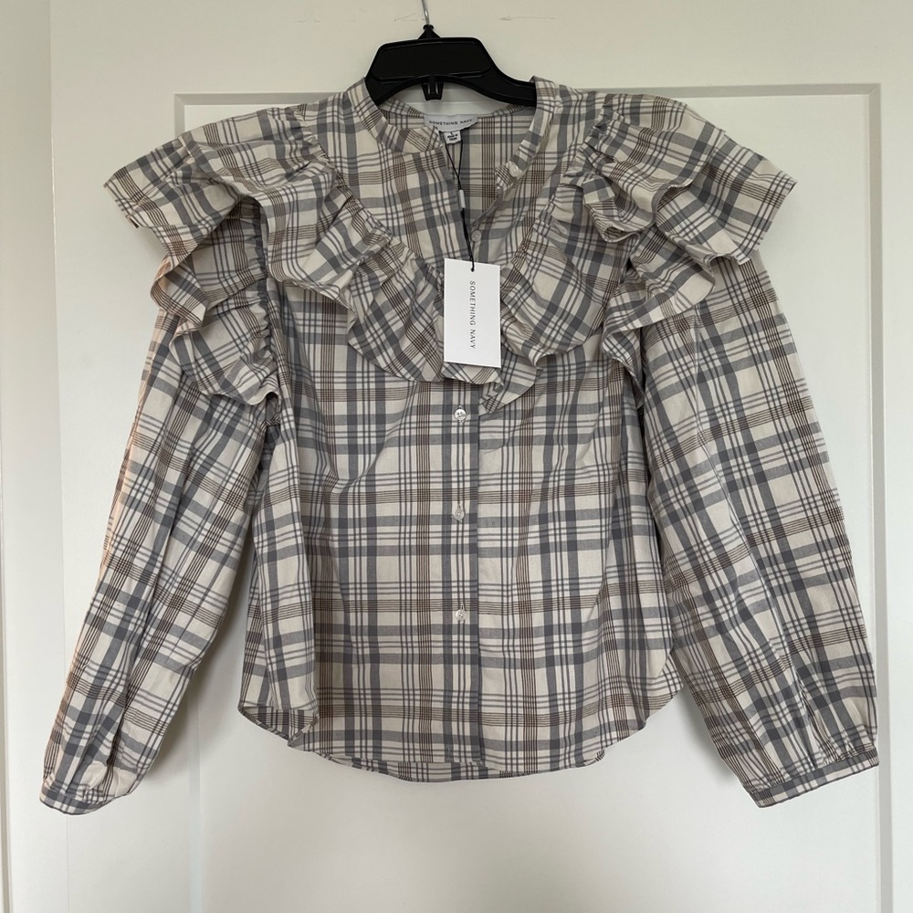 Something Navy NEVER WORN Plaid Blouse